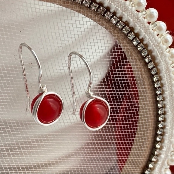 Red Jade & Silver Wire Wrapped Minimalist Earrings - Picture 1 of 12